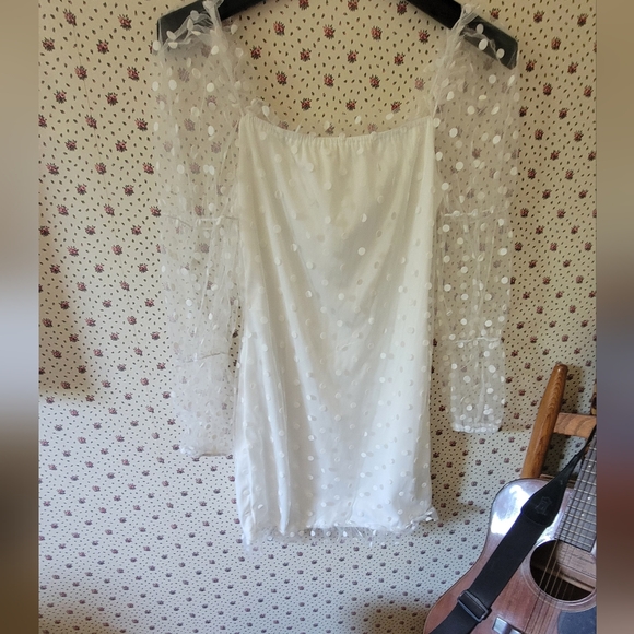Sexy white polk-a-dot cocktail dress w/ sheer sleeves. Size L.(8/10). New - Picture 3 of 14